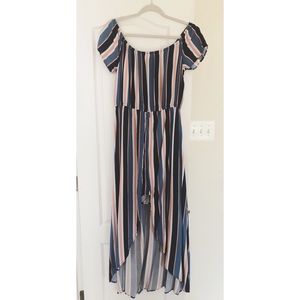 Striped Romper with Skirt Overlay